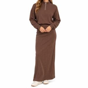 The Skirt Shoppe Ribbed Zip Pullover Sweater & Maxi Skirt Set Brown Womens M